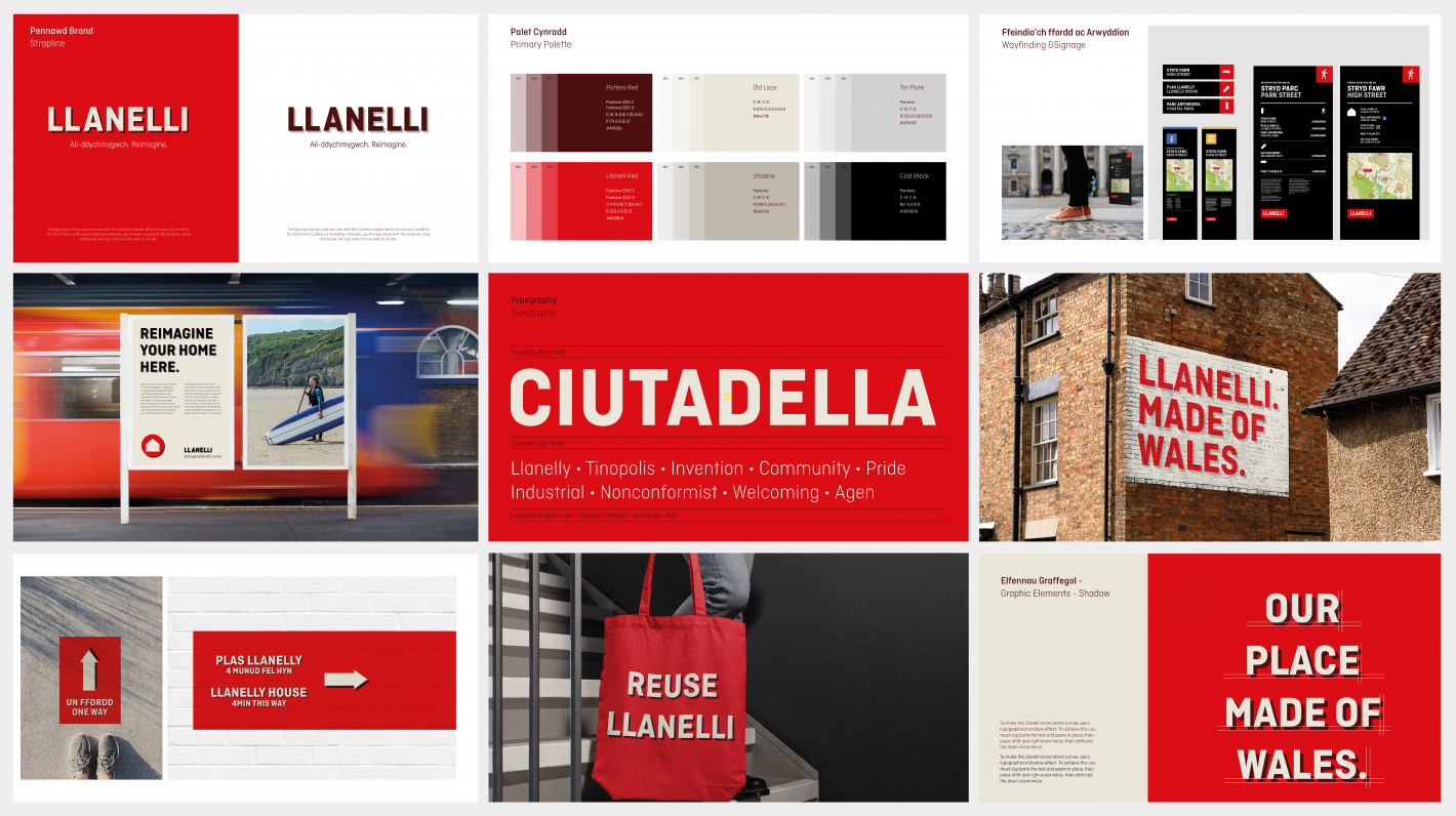 A selection of A3 pages laid out in a grid. Taken from the Llanelli brand guidelines.