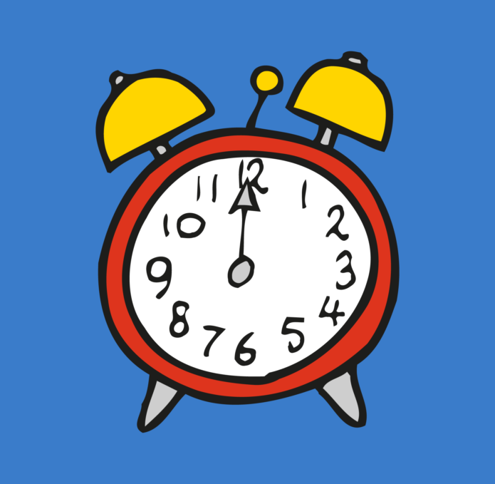 An image of an illustrated clock on a blue background used in the Little Miss Inventor Royal Mint tour. 