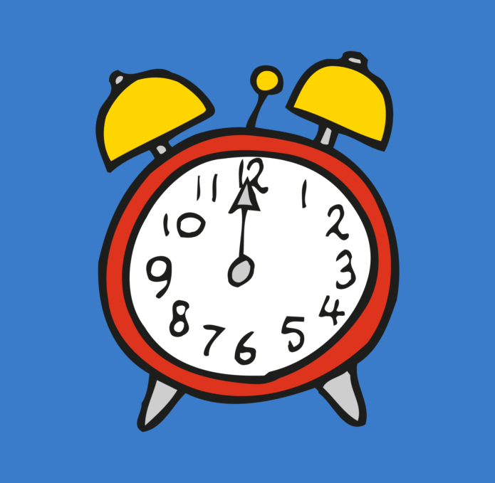 An image of an illustrated clock on a blue background used in the Little Miss Inventor Royal Mint tour.