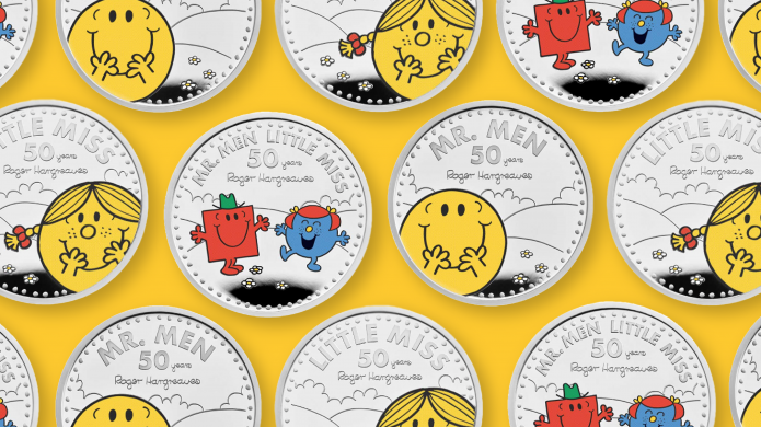 The Mr Men and Little Miss 50th birthday celebration coin from the Royal Mint on a yellow background.